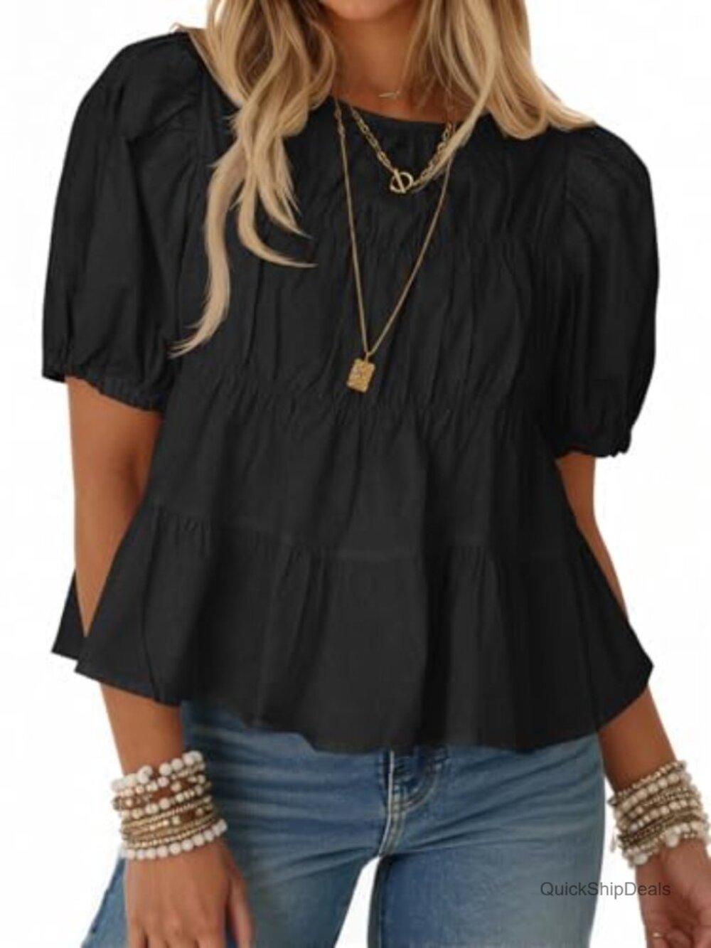 Cotton Puff Sleeve Peplum Babydoll Top Flowy Blouse Short Sleeve
